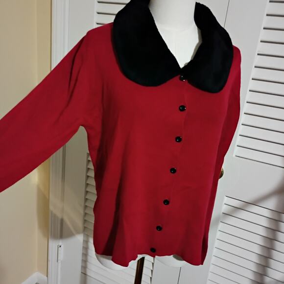 VTG Faux Fur Collar L Red Cardigan Sweater Kathie Lee Collection Cotton Blend - Picture 5 of 13